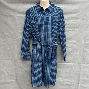 Needham Lane Size L 100% Cotton Blue Windowpane Plaid Dress Tie Waist Collared
